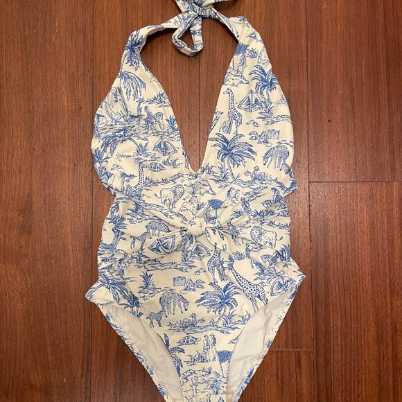 NEW Tory Burch Tie-front Halter One-piece Swimsuit Ivory Far and Away XS 0 2 - Picture 2 of 4